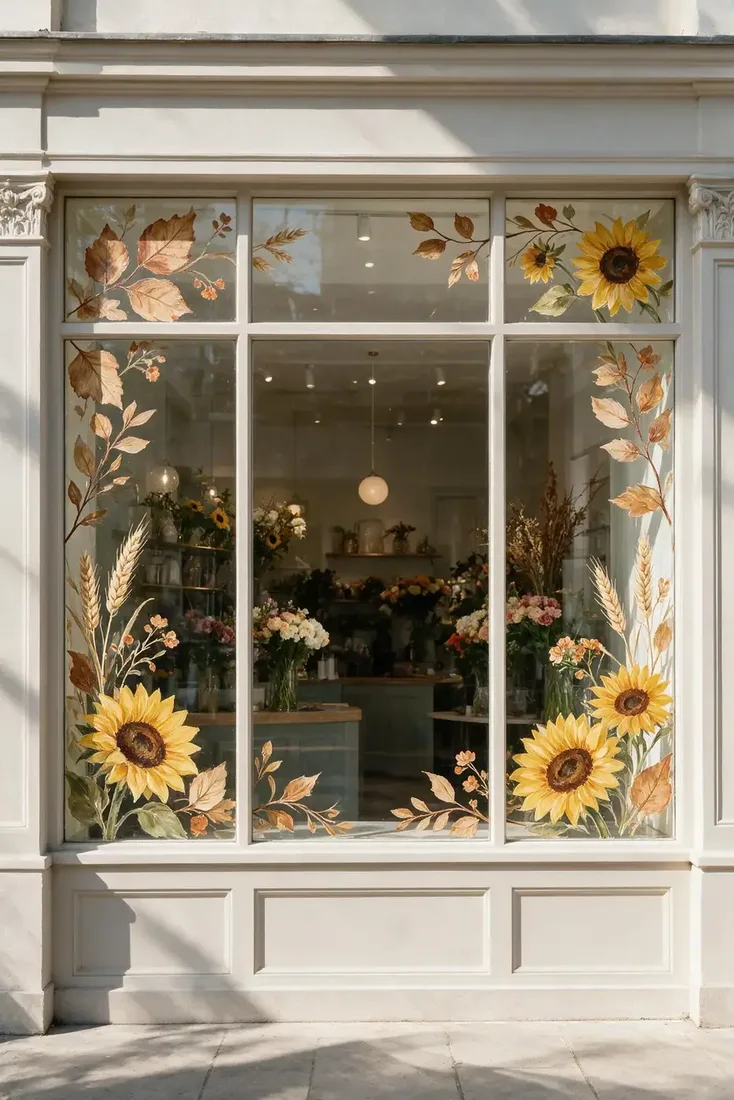 Florist window framed with painted sunflowers and wheat while buckets of real flowers show inside