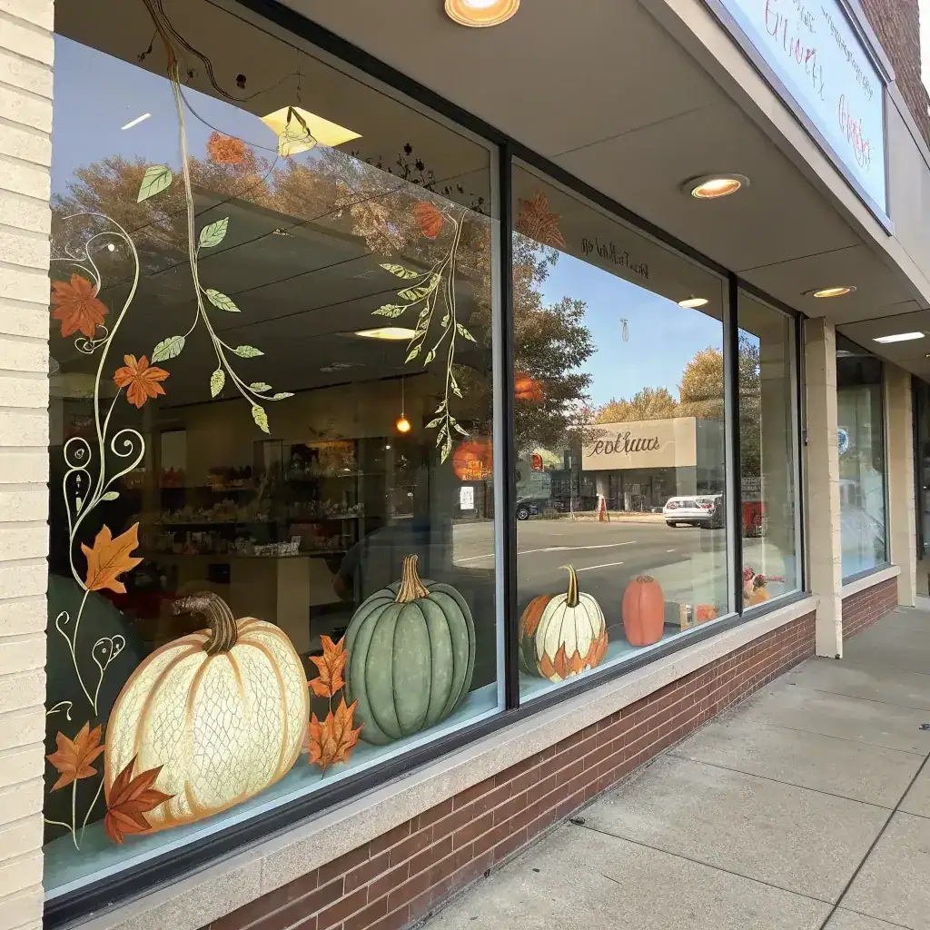 Large pumpkins along the base of a shop window with thin vines trailing across the upper glass