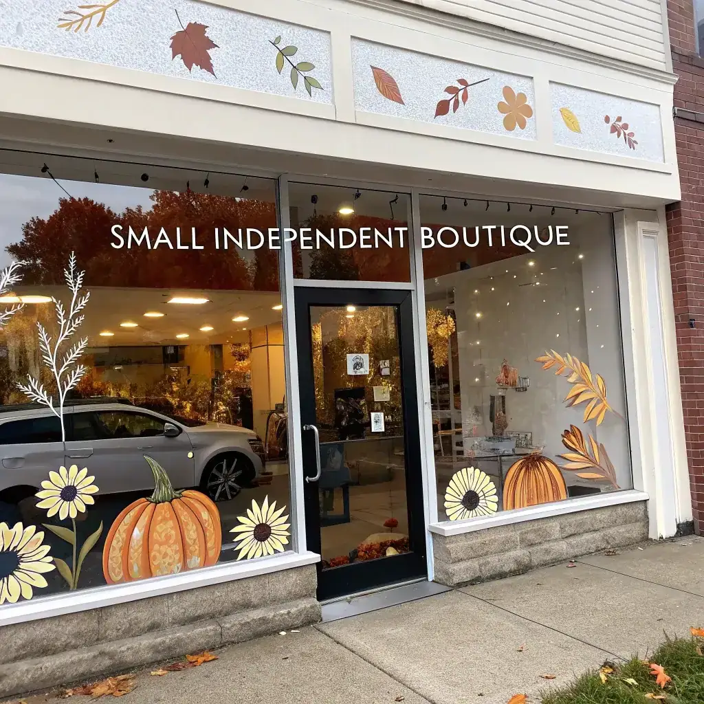 Boutique front with white lettering across the glass and pumpkins and daisies painted low on the panes