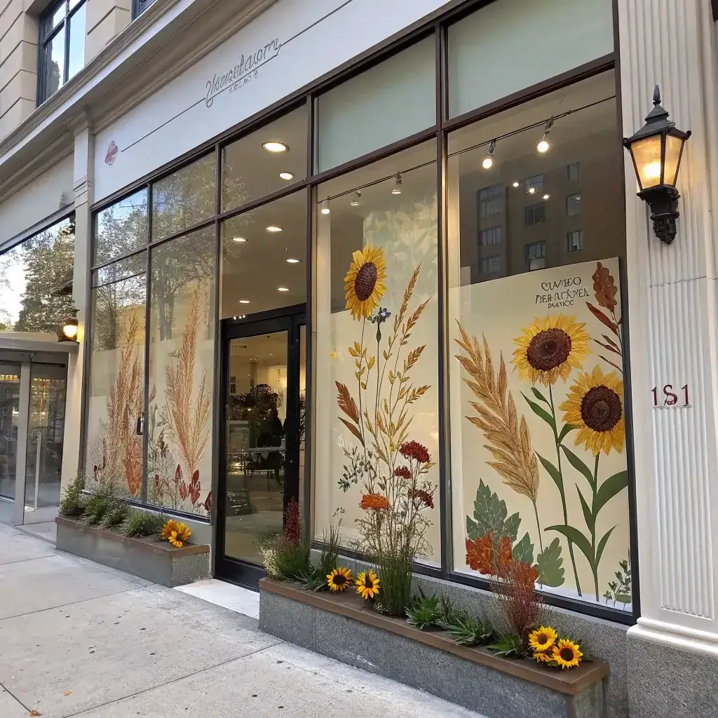 Tall sunflowers and wheat painted on a city storefront with clear glass between the stems