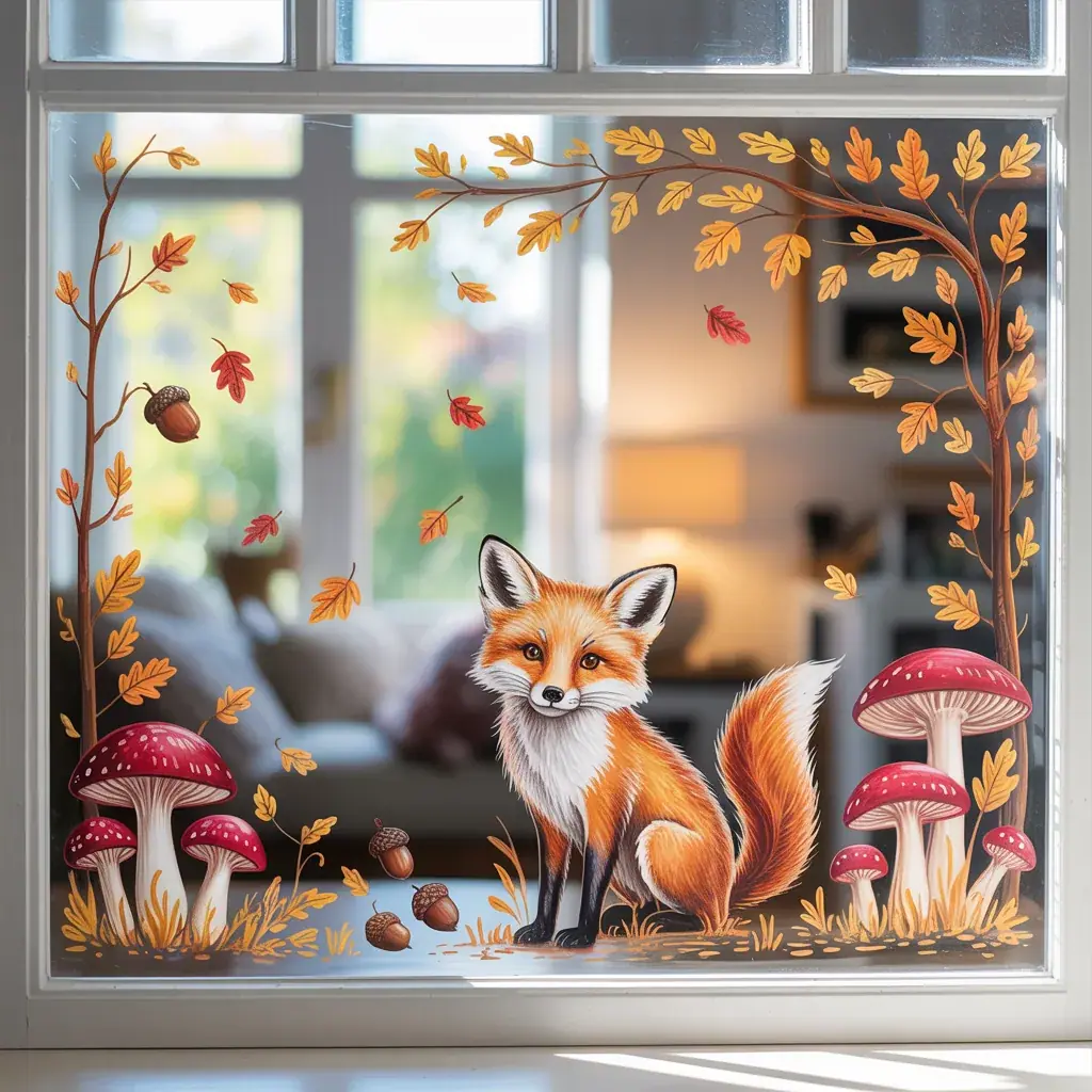 Autumn window painting with a shaded fox, toadstools and an oak leaf border