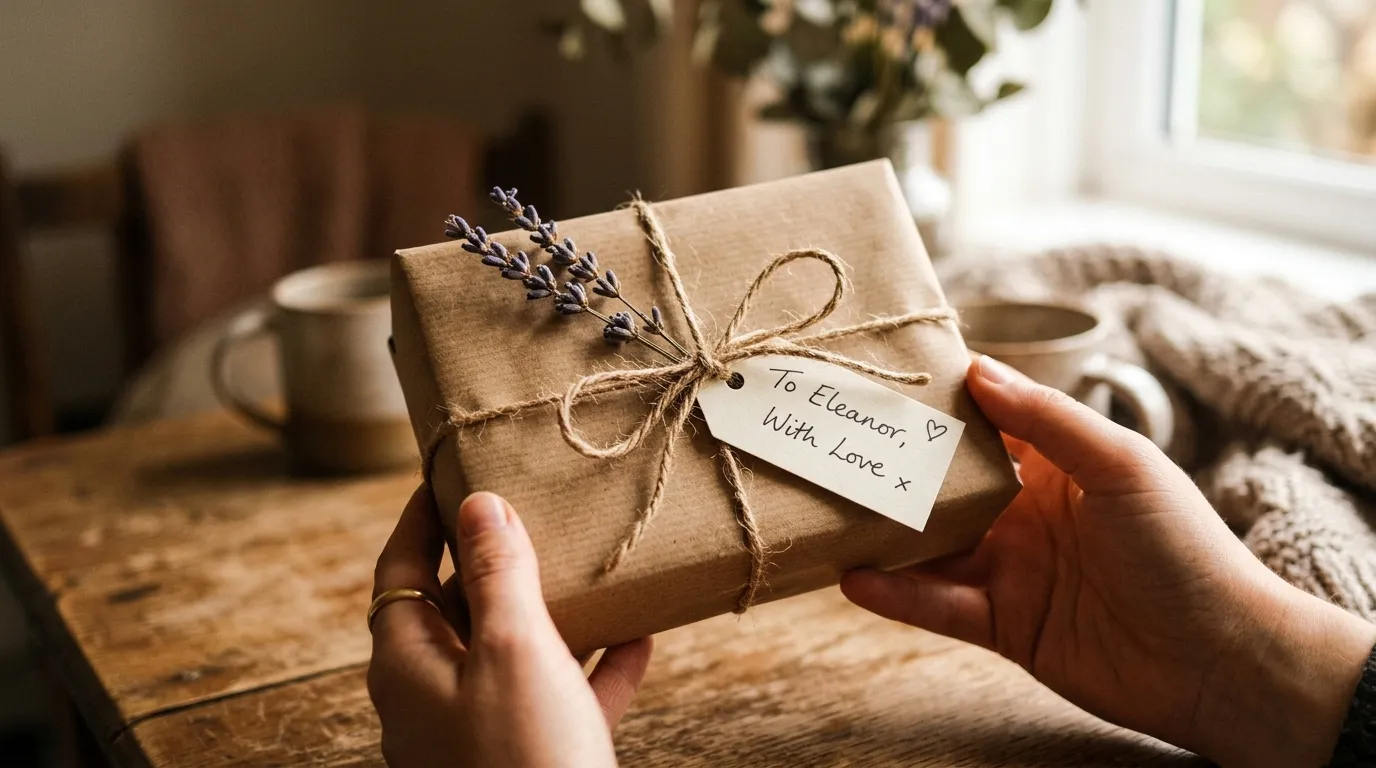 Beautifully wrapped handmade gift with natural materials