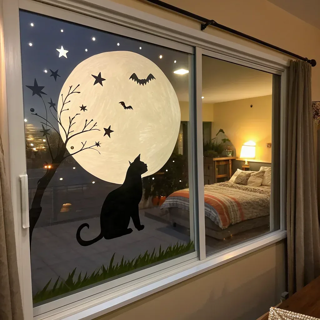 Black cat and bare branch silhouettes against a painted cream moon on a window