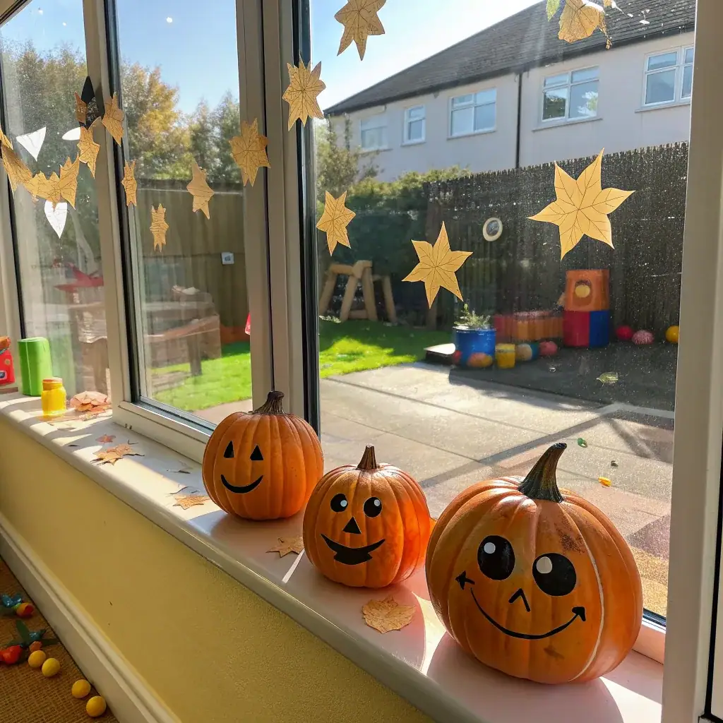 Paper leaves and a ghost taped to a child's window with marker faces on three real pumpkins