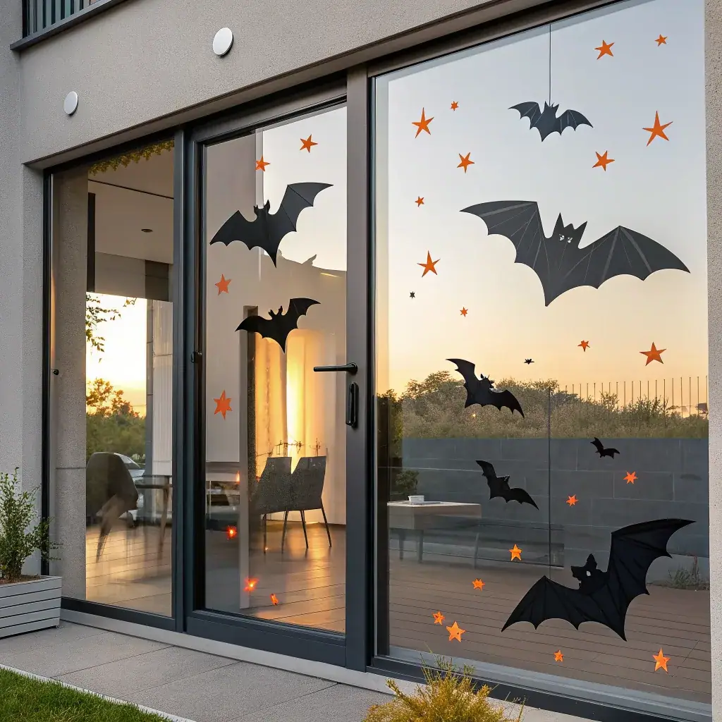 Black painted bats and orange stars scattered across a modern grey framed glass door