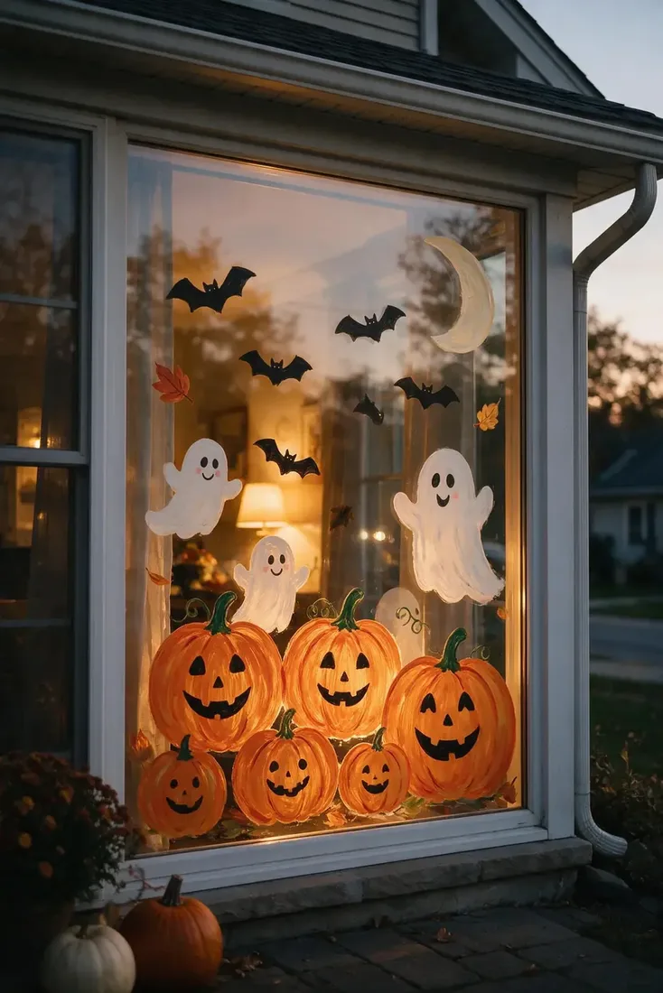 Painted orange pumpkins with white ghosts, bats and a crescent moon on a lit house window