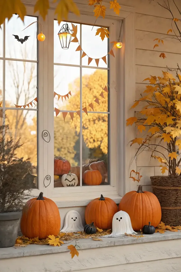 Small painted ghost and bat on a barred porch window with real pumpkins on the sill