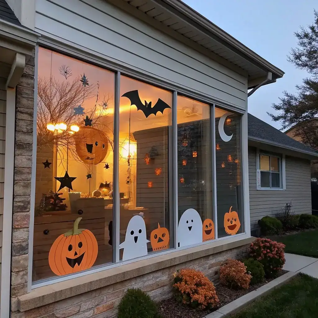 Painted white ghosts, orange pumpkins and a black bat on a lit front window