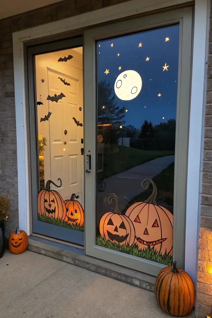 Painted moon, stars, bats and pumpkins on a glass front door at dusk