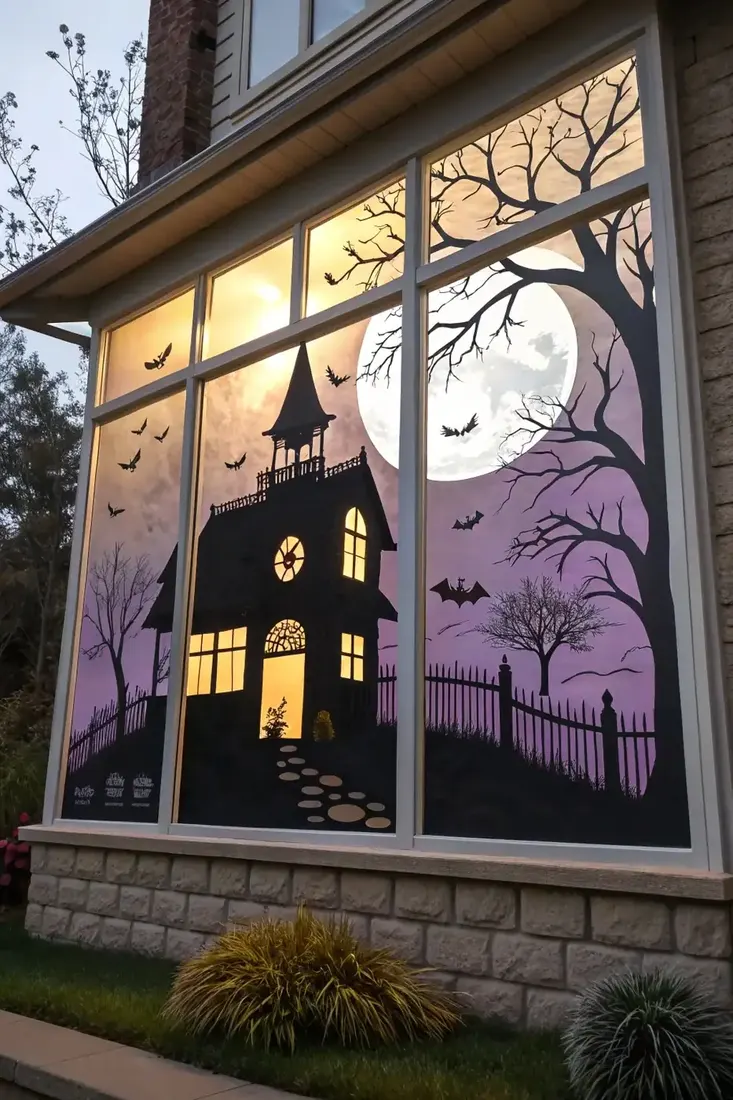 Painted haunted house, bare trees and a full moon across a large four-pane window