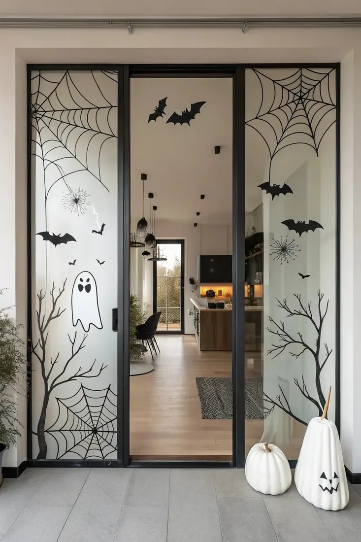 Painted spider webs, bats and ghosts on black framed interior glass doors