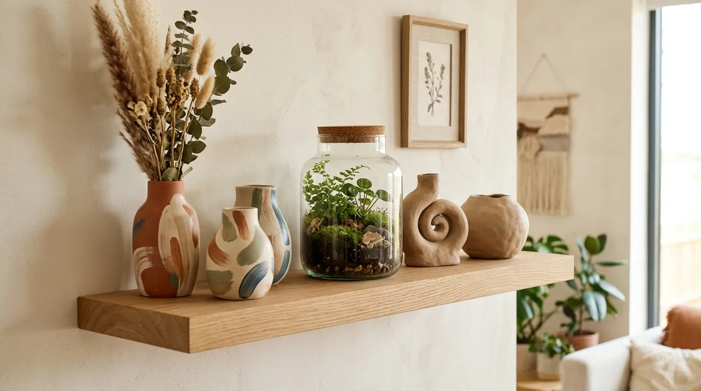 Handmade ceramic pots and macrame wall hanging on a wooden shelf