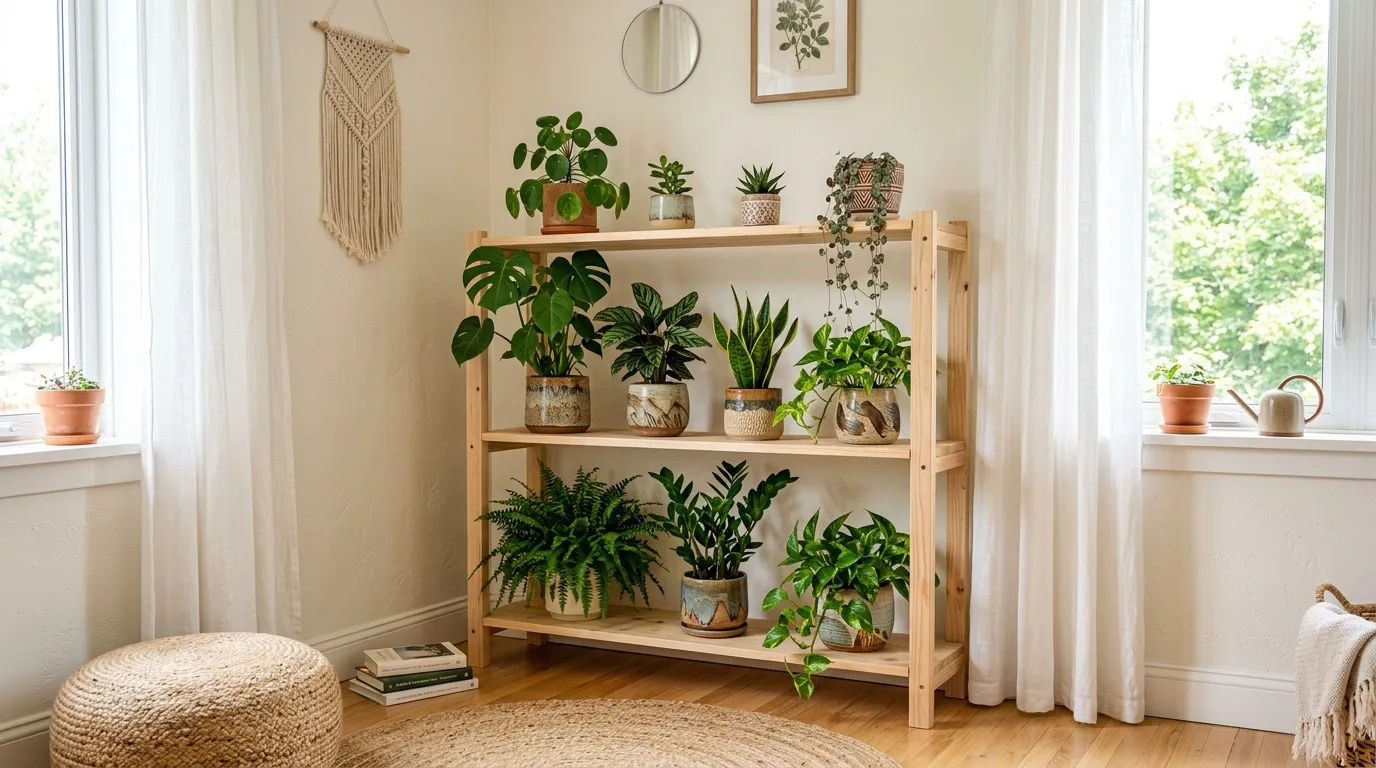 Living room with a handmade tiered plant shelf and custom decor