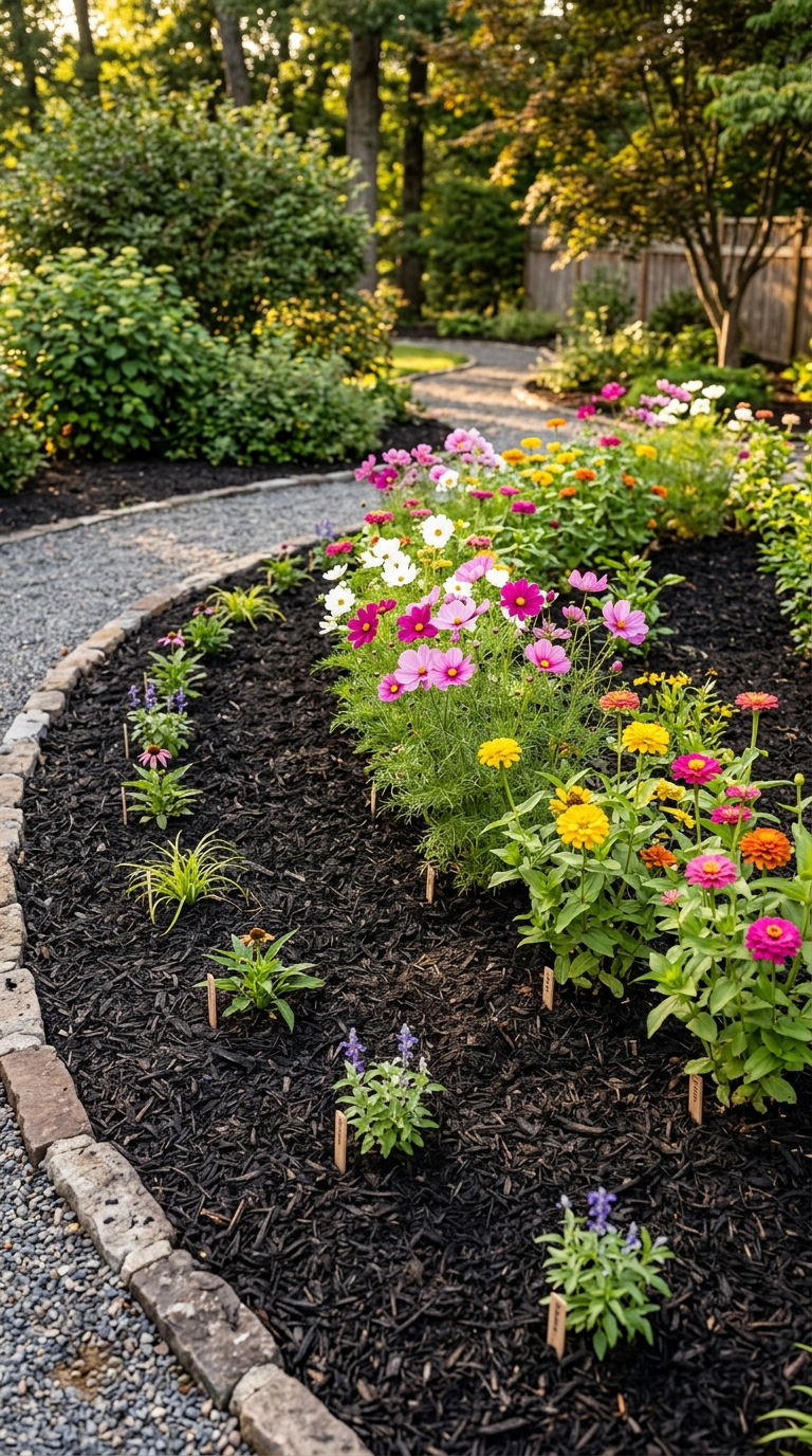 Bright zinnias and cosmos blooming in a freshly planted annual border