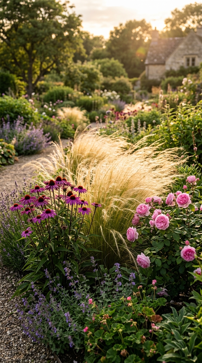 Three-tier flower border with tall hollyhocks, medium dahlias, and low thyme