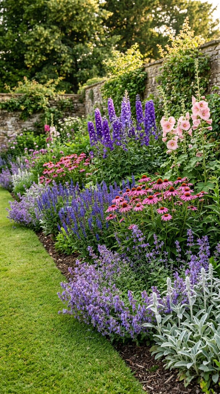 Deep layered border with sedum front, salvia middle, and grasses backdrop