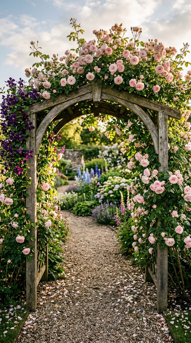 Pink David Austin roses arching through a mixed perennial border