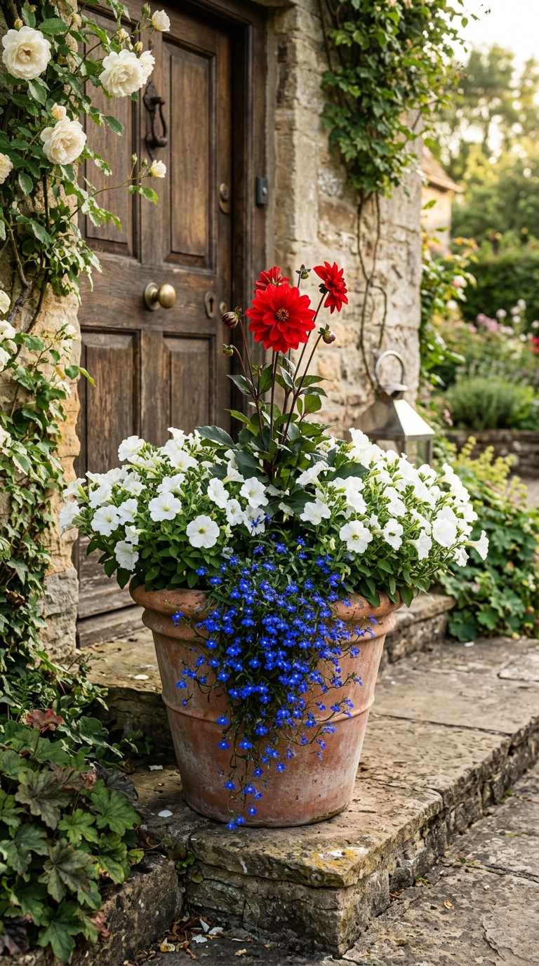 Lavender and roses planted along a garden path for fragrance