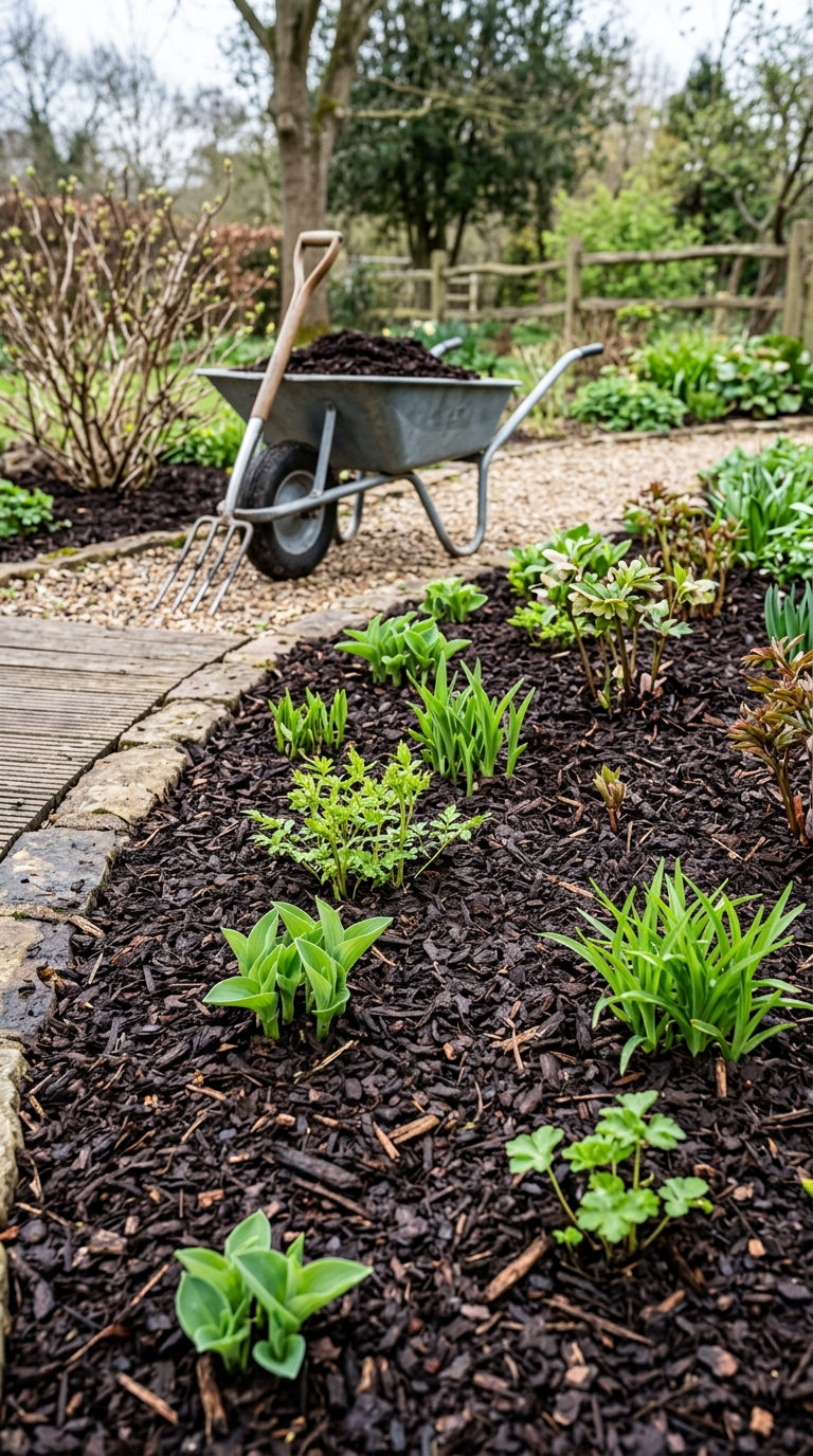 Brick-edged flower bed with a clean line separating border from lawn