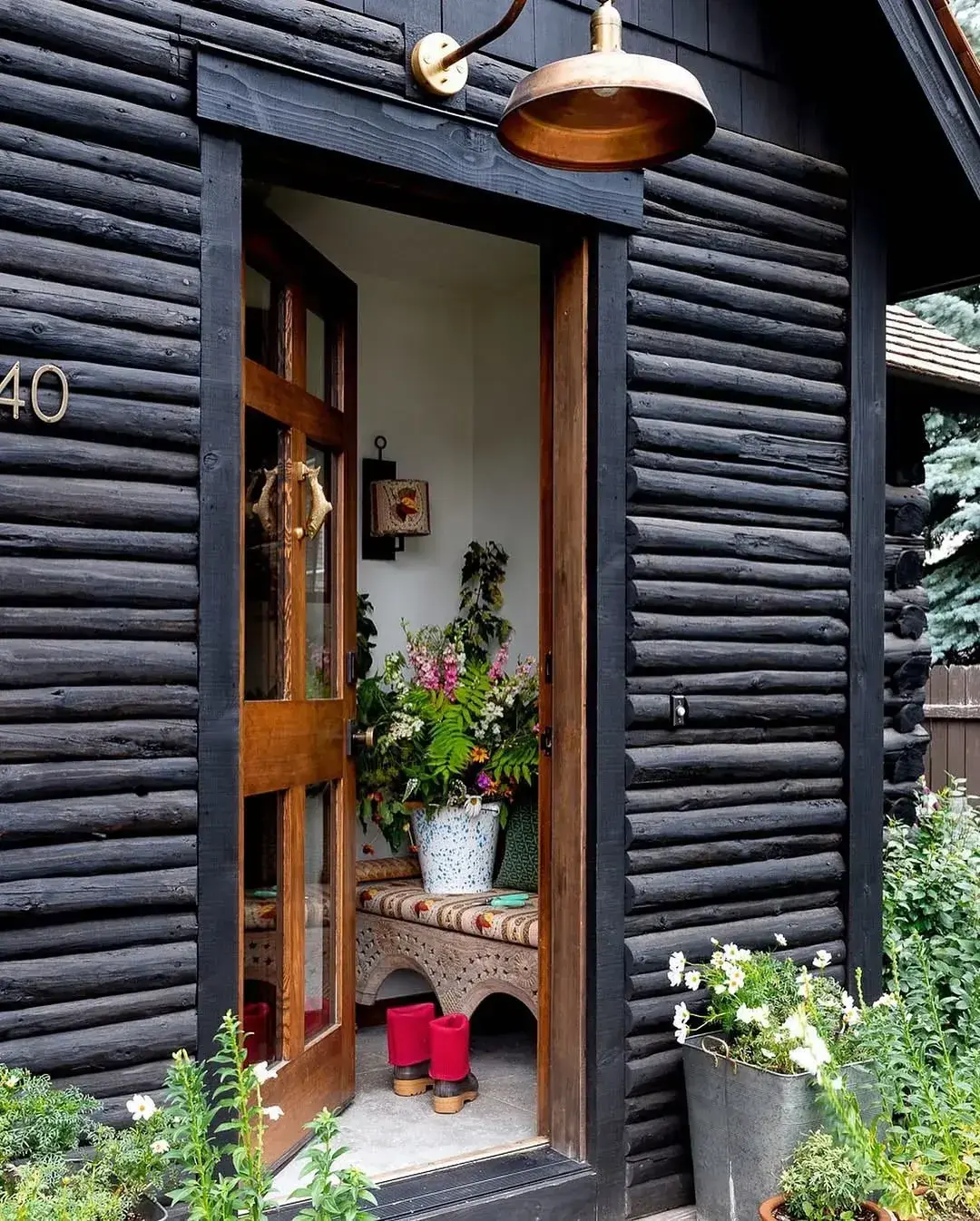 Black stained log cabin walls with an open timber glazed door and a copper wall light