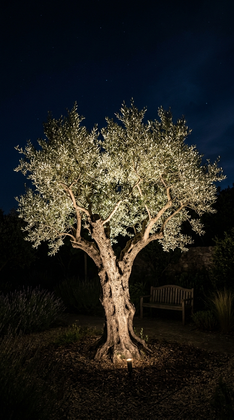 Olive tree dramatically uplighted at night with LED spike light