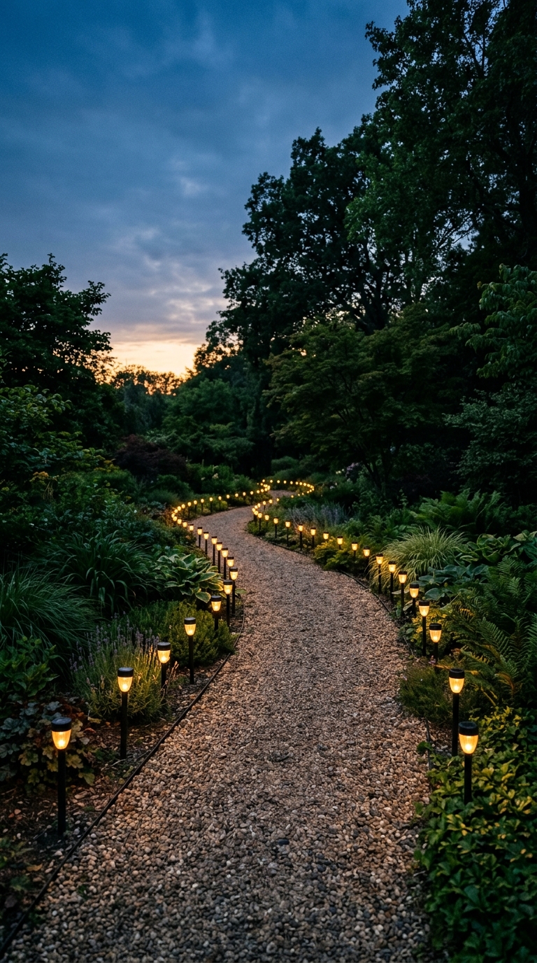 Garden path at dusk lined with solar stake lights creating a glowing runway