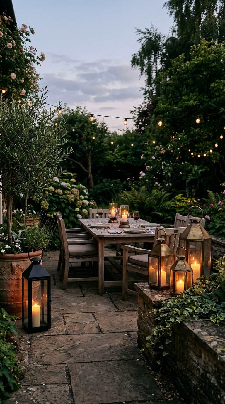 Aged brass lanterns clustered on patio with warm flickering candles