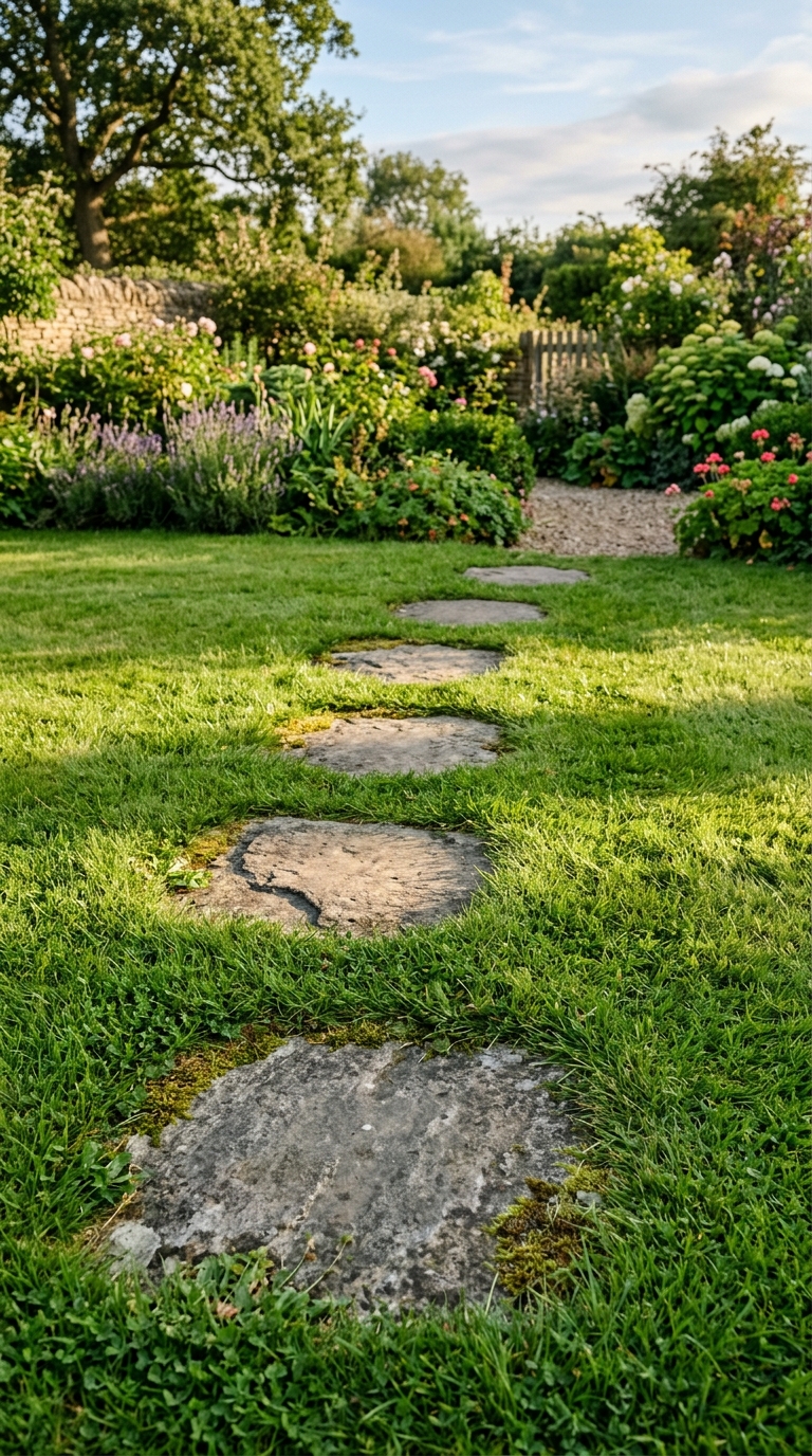Stepping stones set into lush lawn with moss around edges