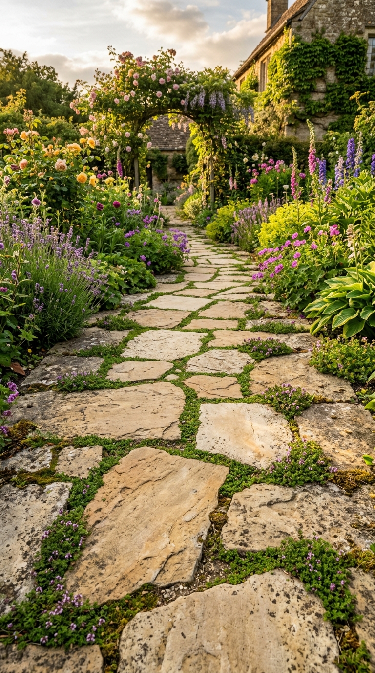Rustic wooden arch covered in climbing roses spanning a gravel path