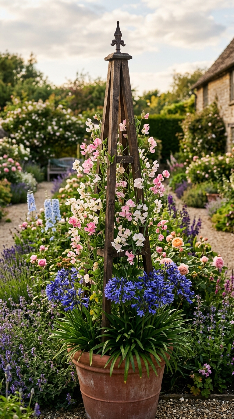 Tall wooden obelisk with sweet peas and agapanthus as focal point