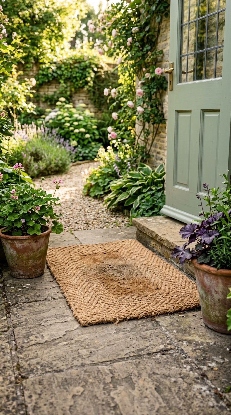 Thick coir doormat at garden threshold with terracotta pots flanking