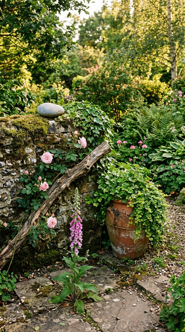 Garden corner with found stone, self-seeded foxglove, and repurposed pot