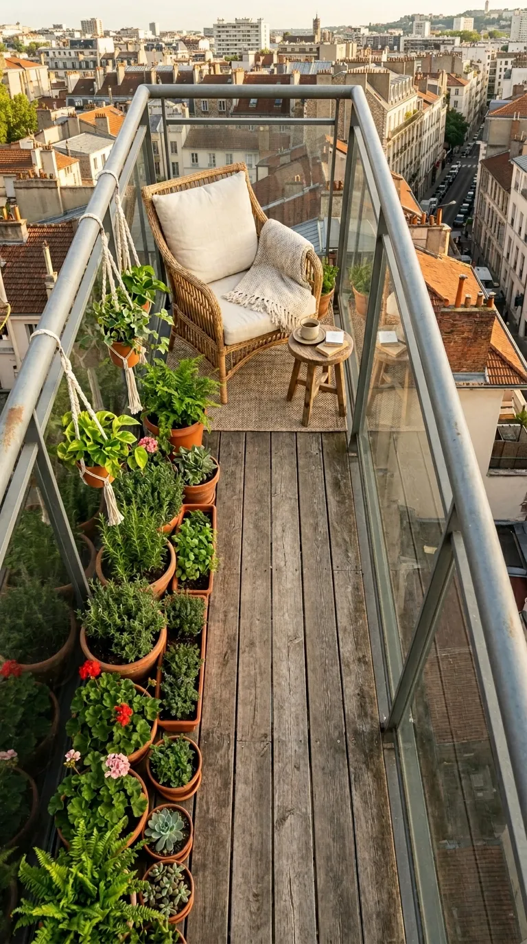 Small balcony garden layout with three zones for apartment balcony garden planning