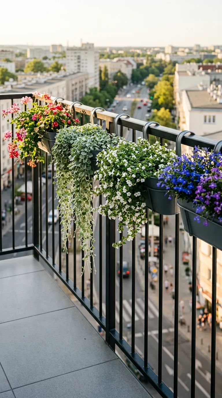 Balcony railing planters with trailing plants for space-saving small balcony garden