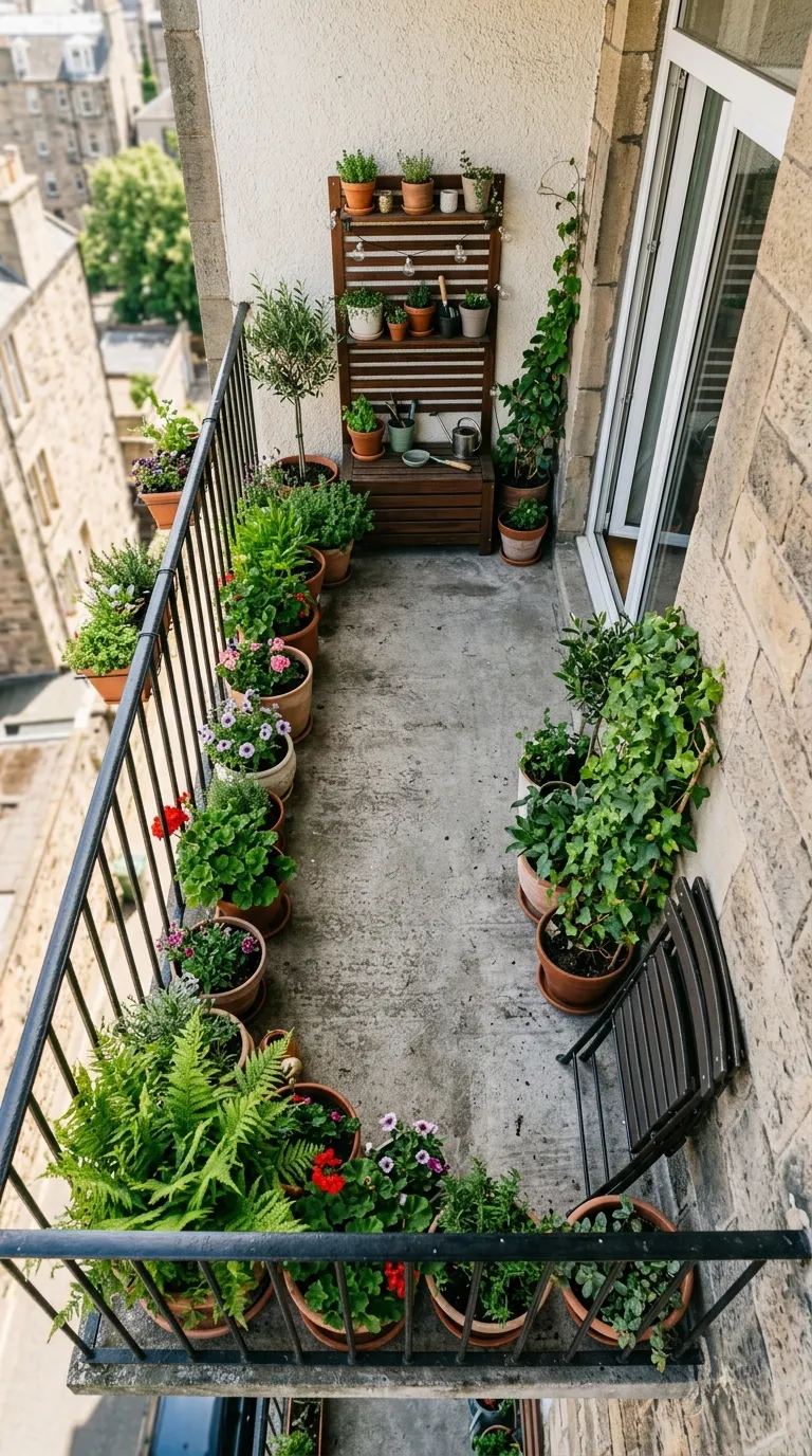Small balcony garden with perimeter layout keeping the center floor clear