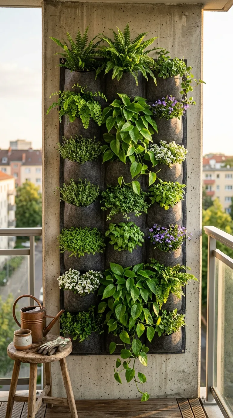 Green wall planter system on apartment balcony for vertical balcony garden ideas