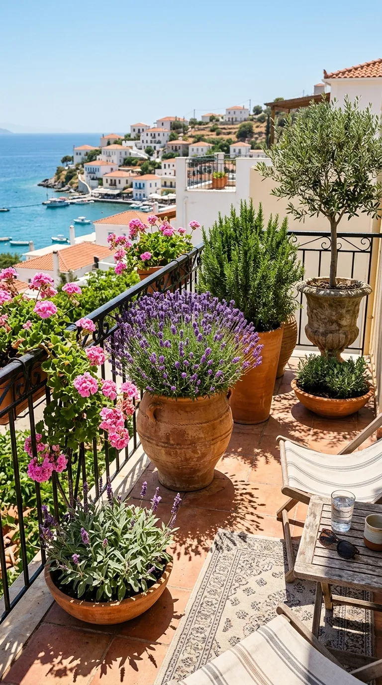 Sunny balcony garden ideas with lavender and rosemary for apartment balcony garden