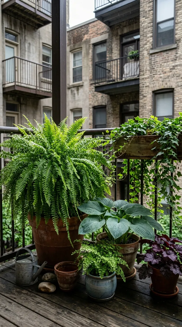 Shaded apartment balcony garden with ferns and hostas for low-light spaces
