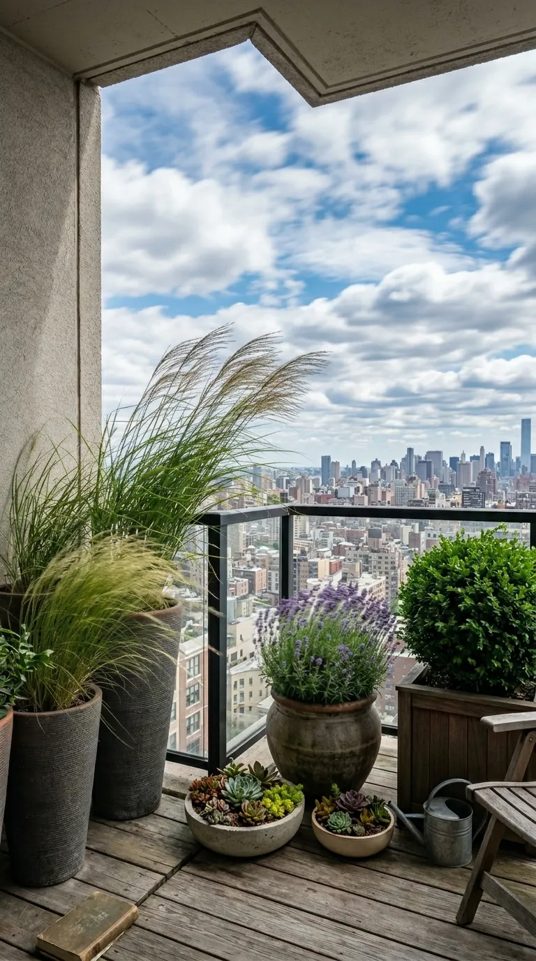 Urban balcony garden with wind-tolerant ornamental grasses on a high-rise