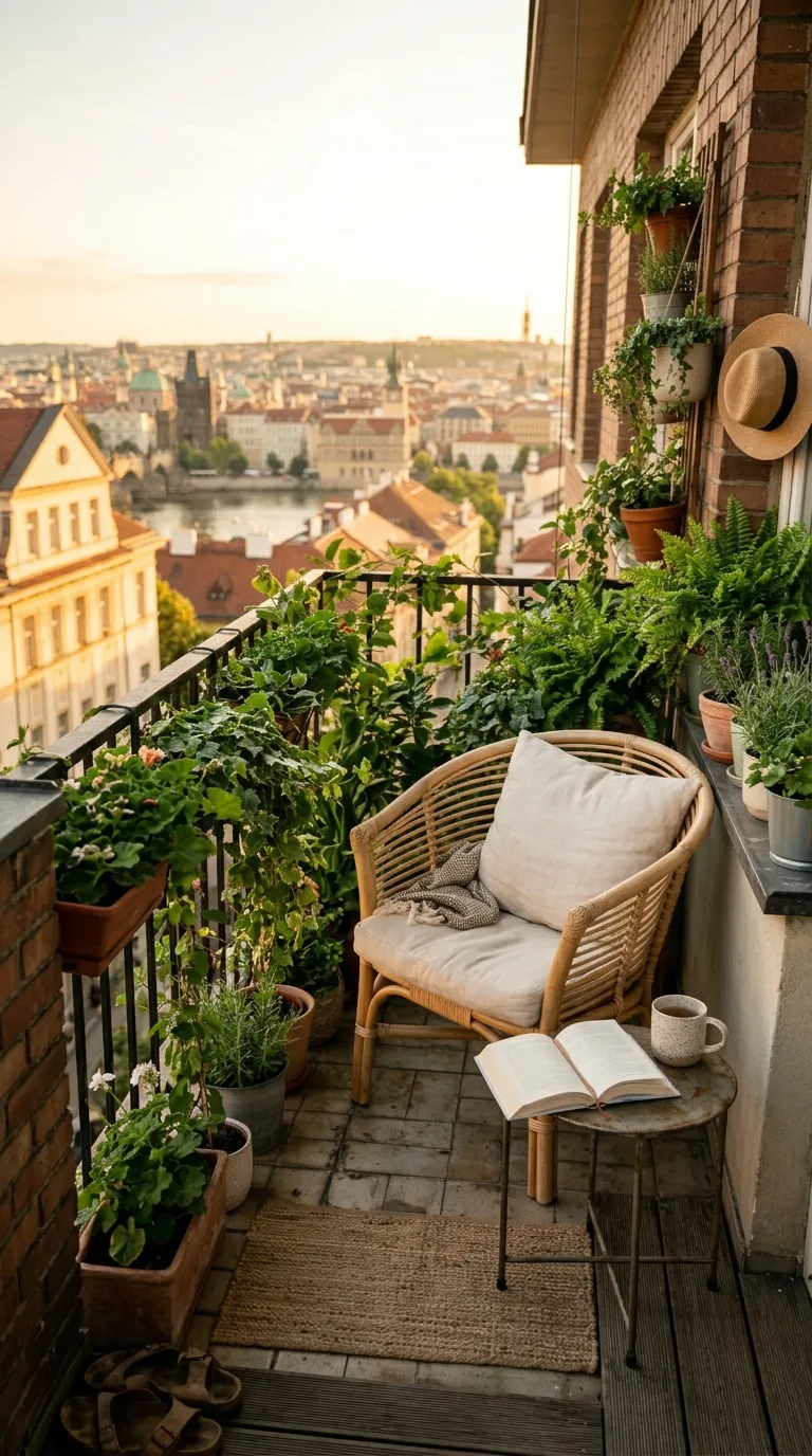 Cozy balcony garden with a single rattan chair on a narrow apartment balcony
