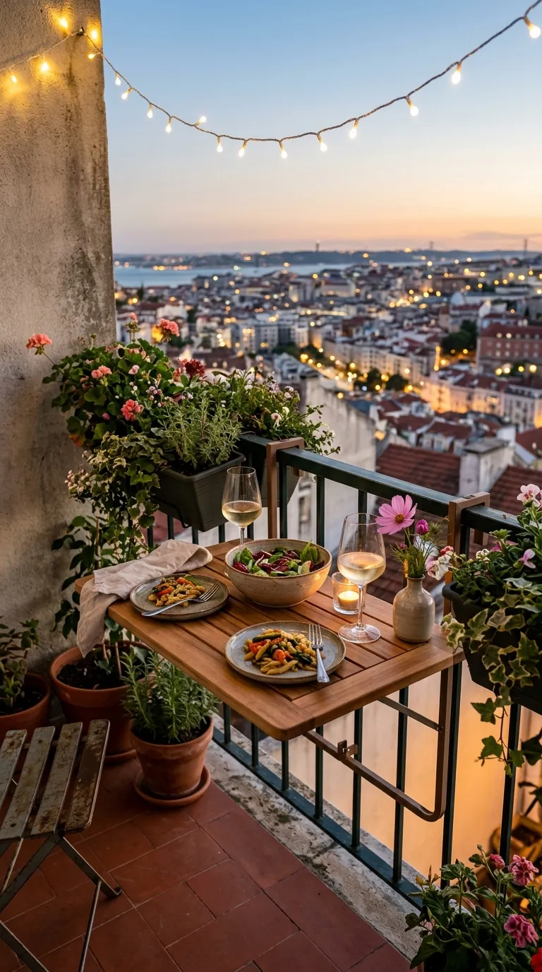 Folding table on apartment balcony garden for dining among potted plants