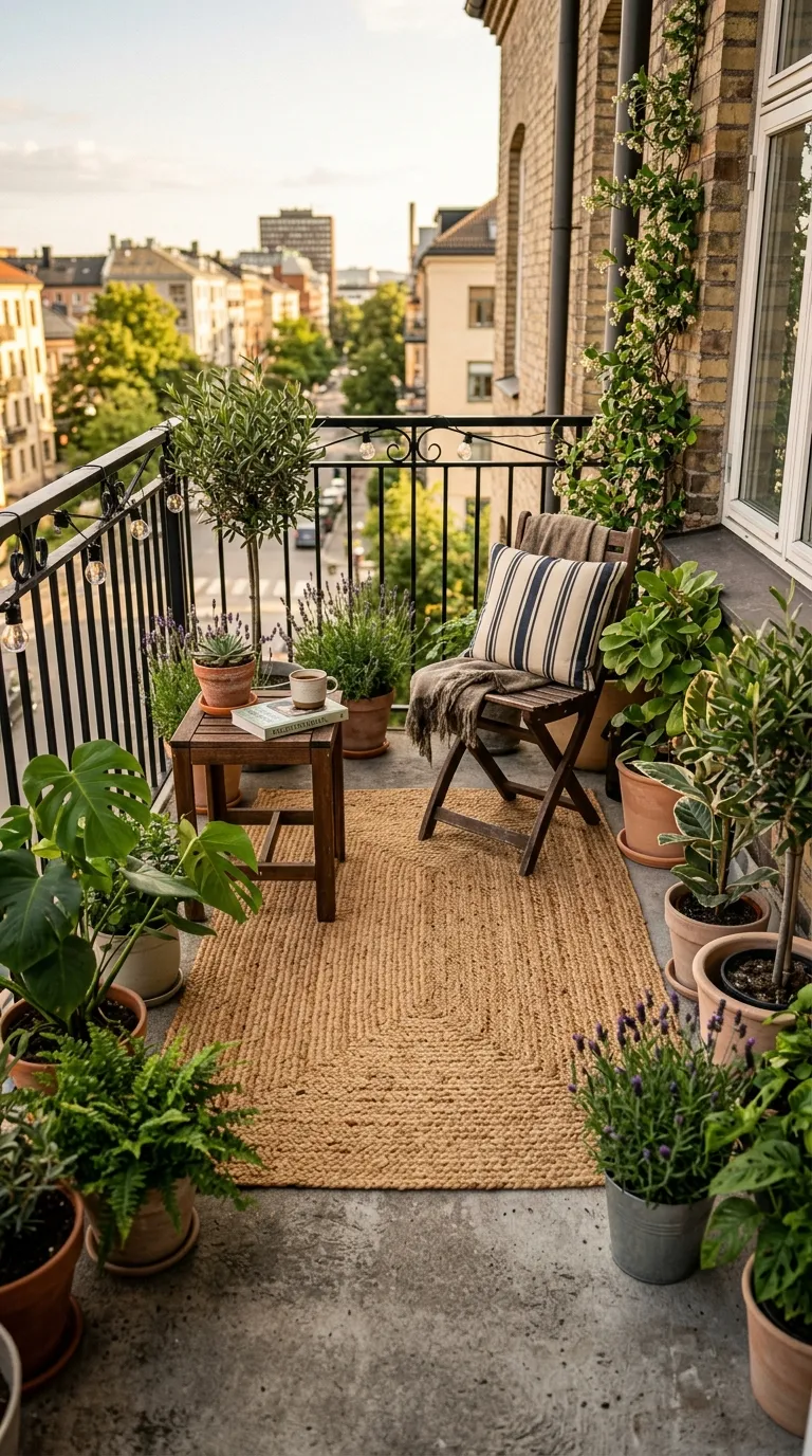 Outdoor rug defining a cozy balcony garden sitting area on concrete