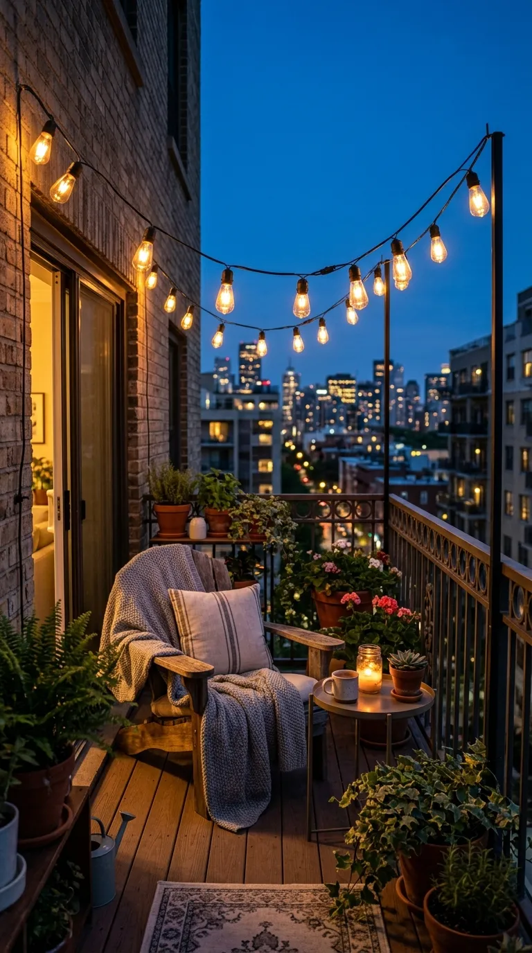 Apartment balcony garden at dusk with warm string lights for cozy ambiance