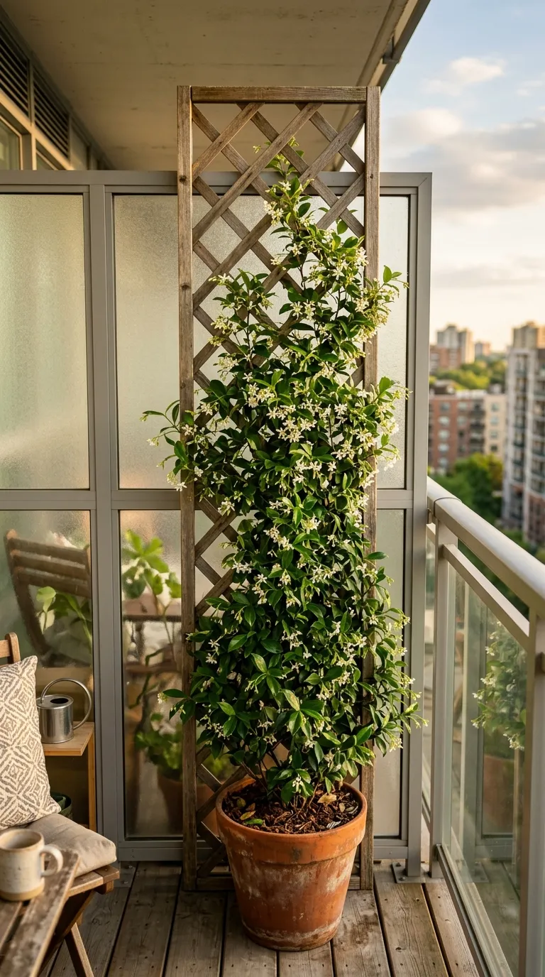 Trellis with climbing jasmine as balcony privacy plants on an apartment balcony