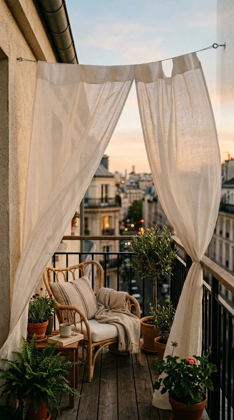 Outdoor curtains creating a cozy balcony garden enclosure on an apartment balcony