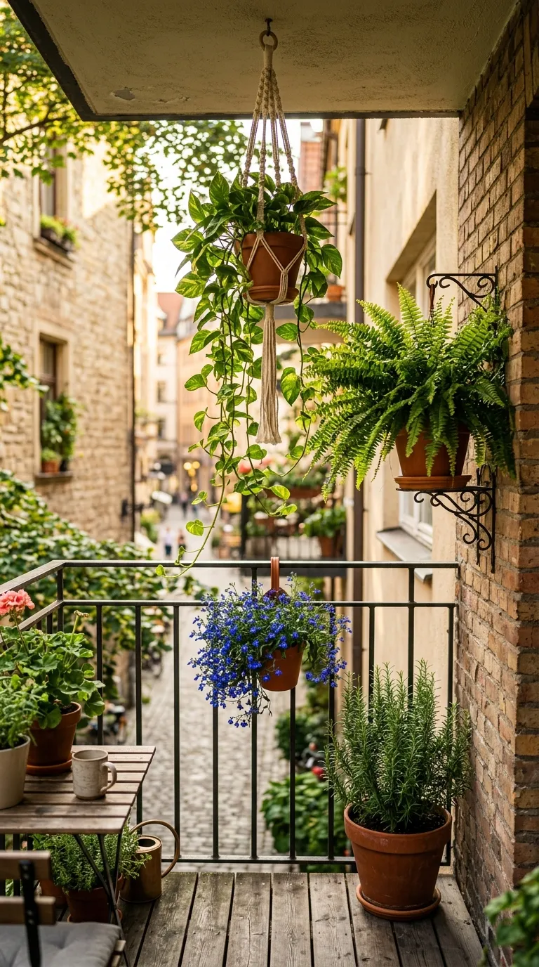 Hanging pots at multiple heights for a layered apartment balcony garden