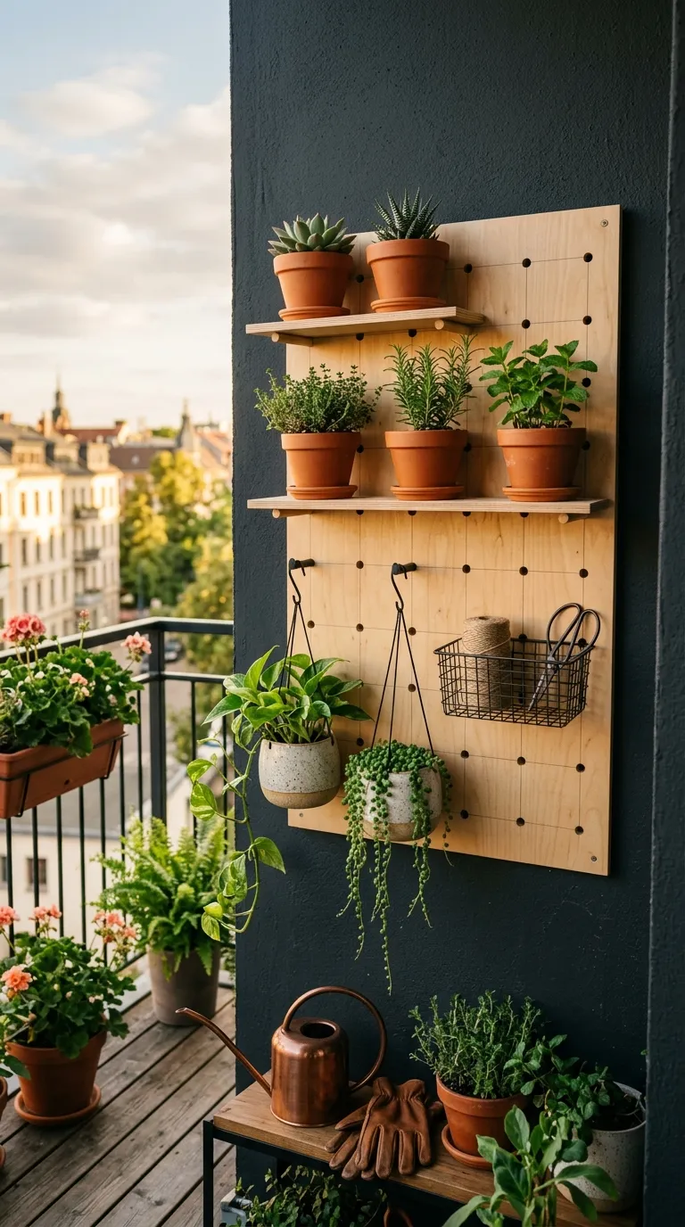 Dark pegboard mounted on a balcony wall with shelves and hooks for plants