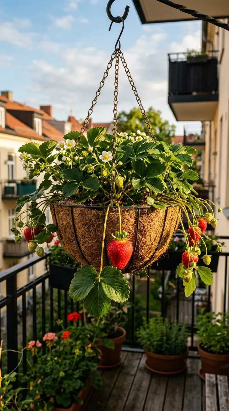 Hanging basket with strawberry plants trailing red fruit for balcony garden ideas