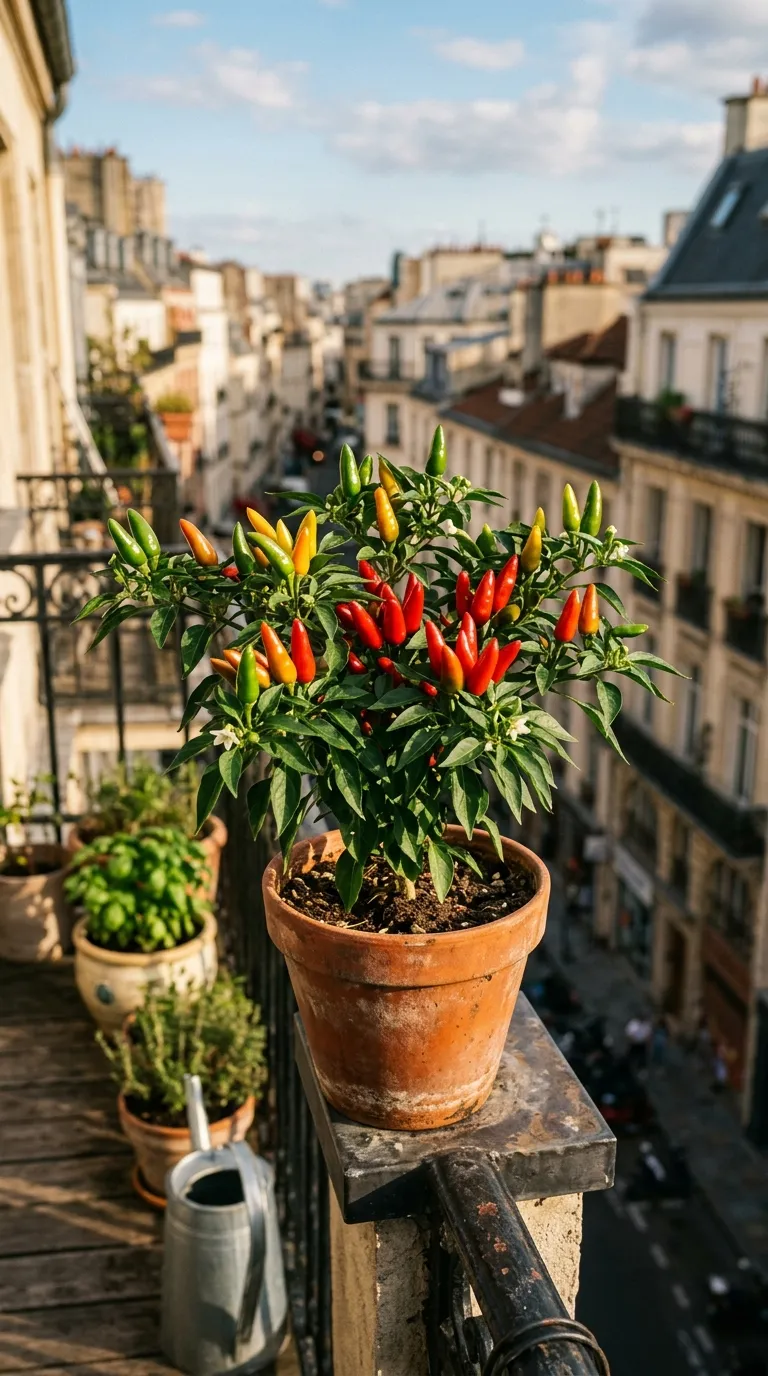 Chili plant in a terracotta pot with peppers for apartment balcony garden