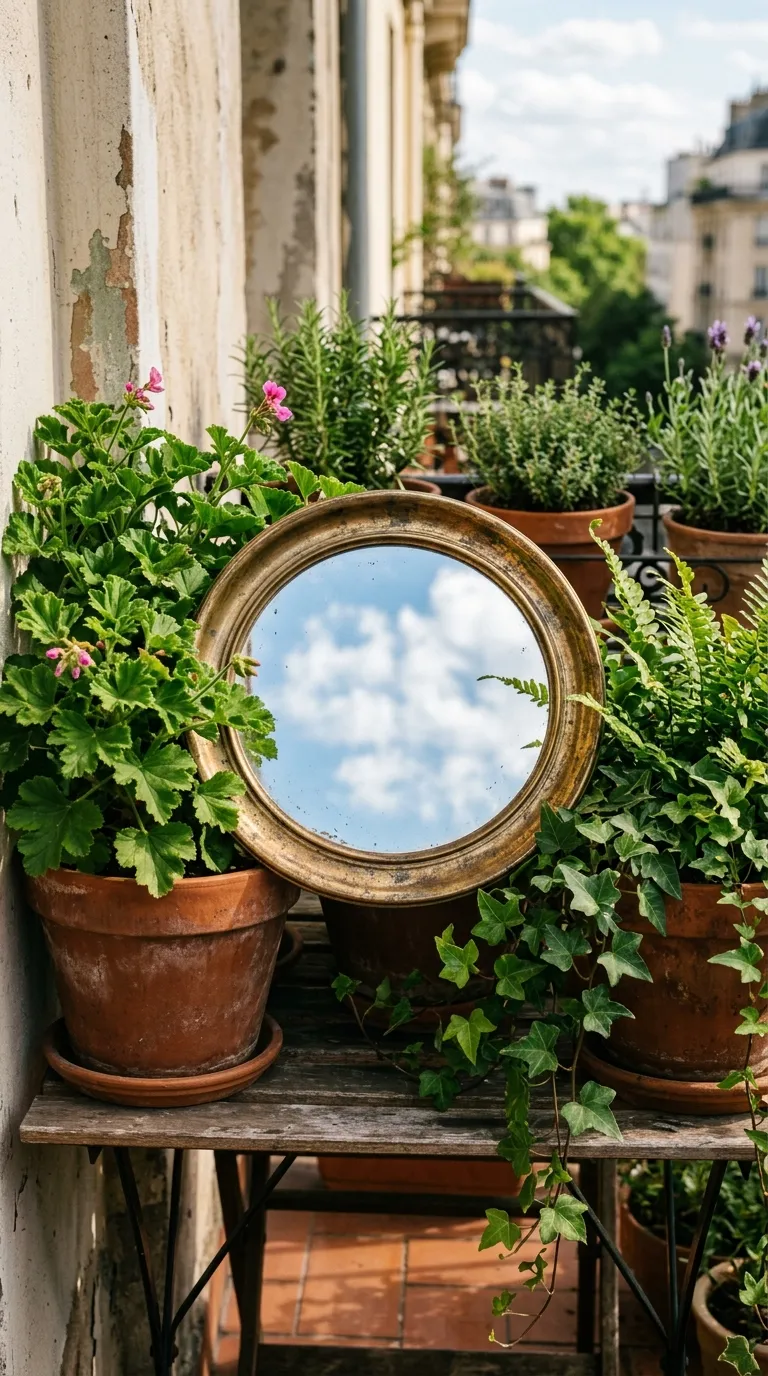 Small round vintage brass mirror leaning against a balcony wall among plants